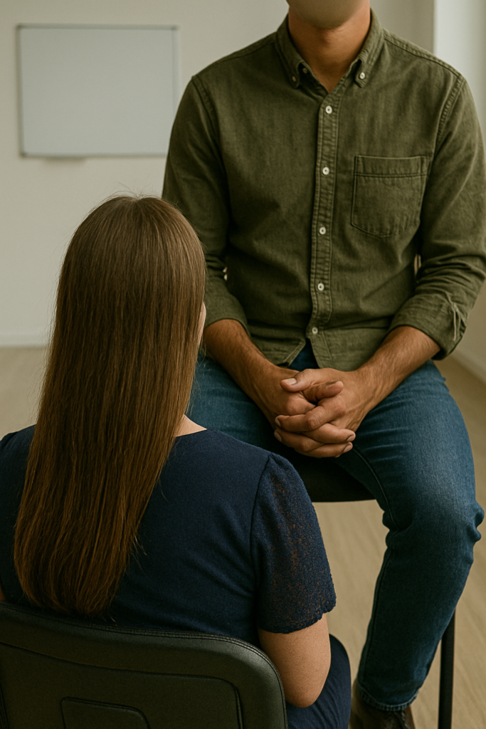 Professional counselling setting with counsellor and individual client seated together