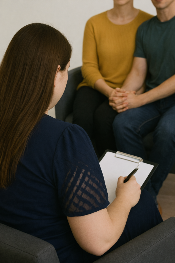 Couples counselling session with a therapist taking notes during a relationship therapy appointment in Johannesburg