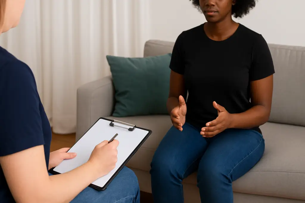 Counselling session in a calm Modderfontein Counselling room with soft lighting and a supportive, private environment.