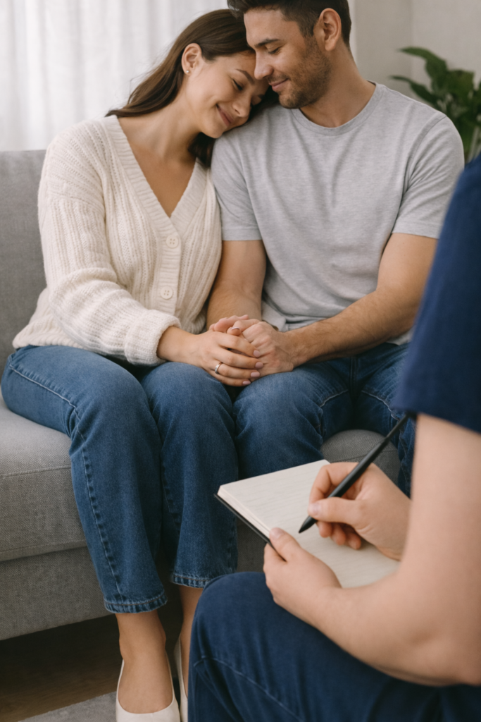 Couple sitting closely together during a pre-marital counselling session, engaging in a supportive discussion