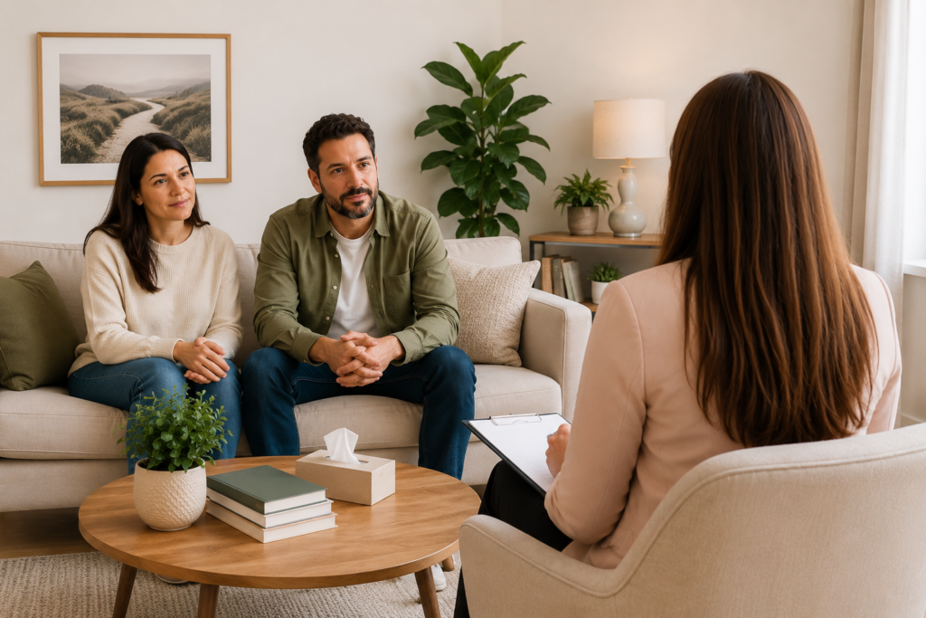 Couple sitting together in counselling discussing couples therapy vs marriage counselling