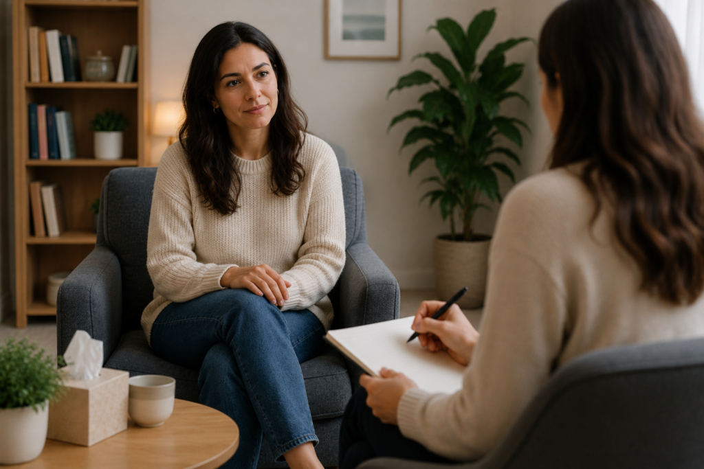 Woman attending her first individual counselling session with a registered counsellor