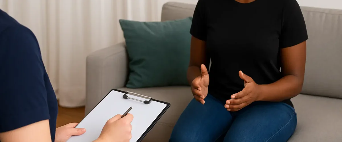 Counselling session in a calm Modderfontein Counselling room with soft lighting and a supportive, private environment.